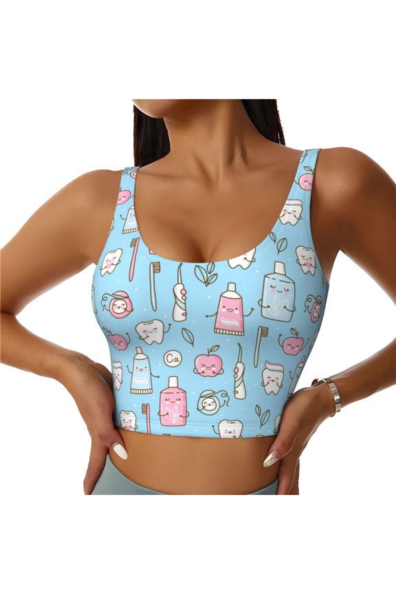 Funny Cute Teeth Print Sports Bra for women Adjustable Straps High Support With Breast Pads Workout Tank Top-Large