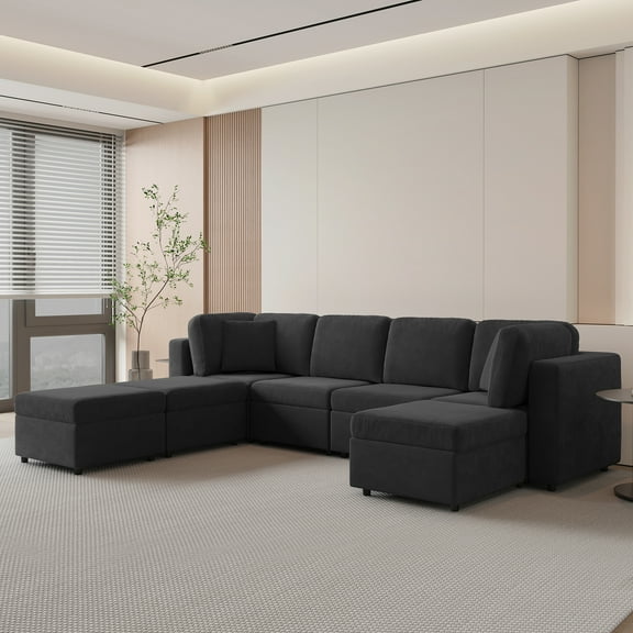 Mjkone Oversized U Shaped Sectional Sofa with Movable Ottoman, 7 Seats Modular Sectional Sofa with Chaise for Living Room,Dark Grey