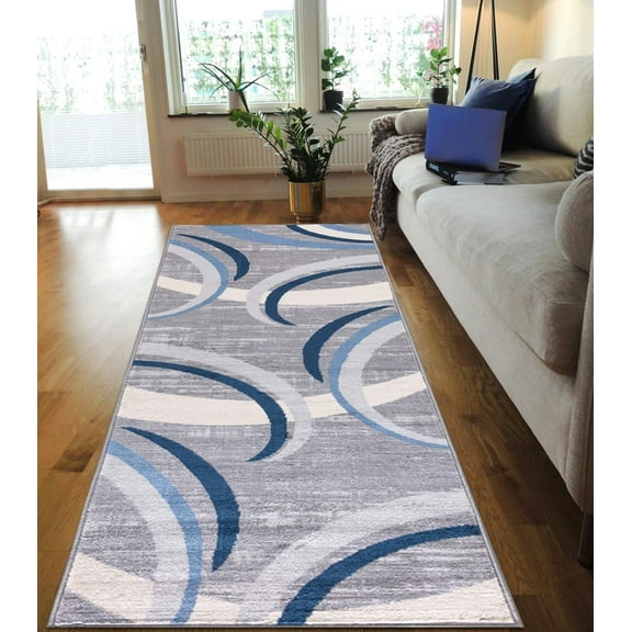 HR Abstract Rugs Luxury Livingroom Carpet Modern Contemporary Blue Runner Rug Ultra-Soft, Shed Free Stain Resistant Swirls Blue/Silver/Gray/White 1'97" x 6'96"