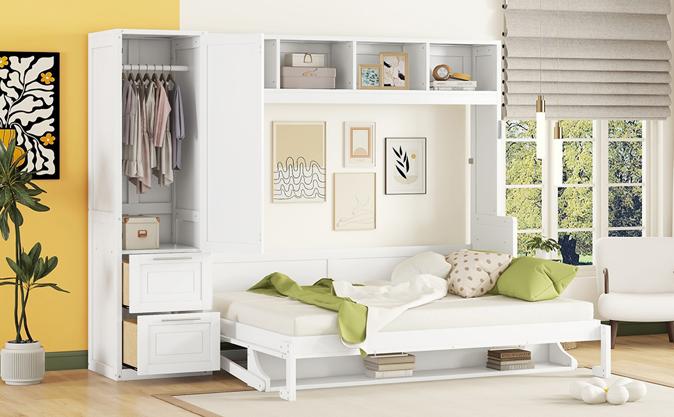 Mintazer Queen Size Murphy Bed with Top Shelf & Wardrobe, Modern Foldable Wall Bed with Drawers for Bedroom Apartment Guest Room, White