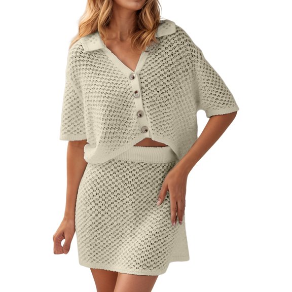 DHFJKG Women's Skirt 2 Piece Set Crochet Half Sleeve Button Down Collar Crop Top Mini Skirt Casual Beach Vacation Clothing Set Stylish Outfit