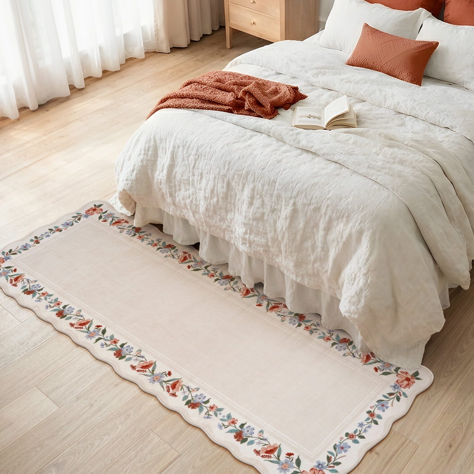 Lahome 2'x6' Scalloped Boho Floral Hallway Runner Rug 2x6ft Non-Slip, Washable Low-Pile, Soft Microfiber Carpet for Entryway Kitchen Laundry Bedroom, Beige