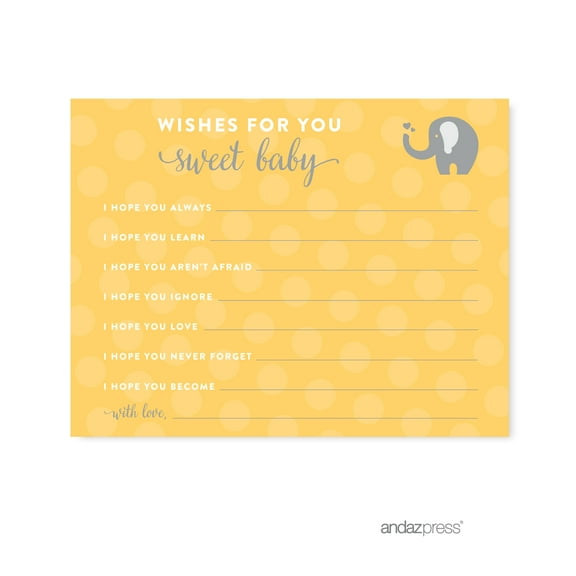 Wishes For Baby Yellow Gender Neutral Elephant Baby Shower Games, 20-Pack