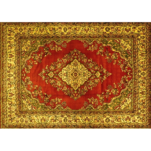 Ahgly Company Machine Washable Indoor Rectangle Medallion Yellow Traditional Area Rugs, 8' x 12'