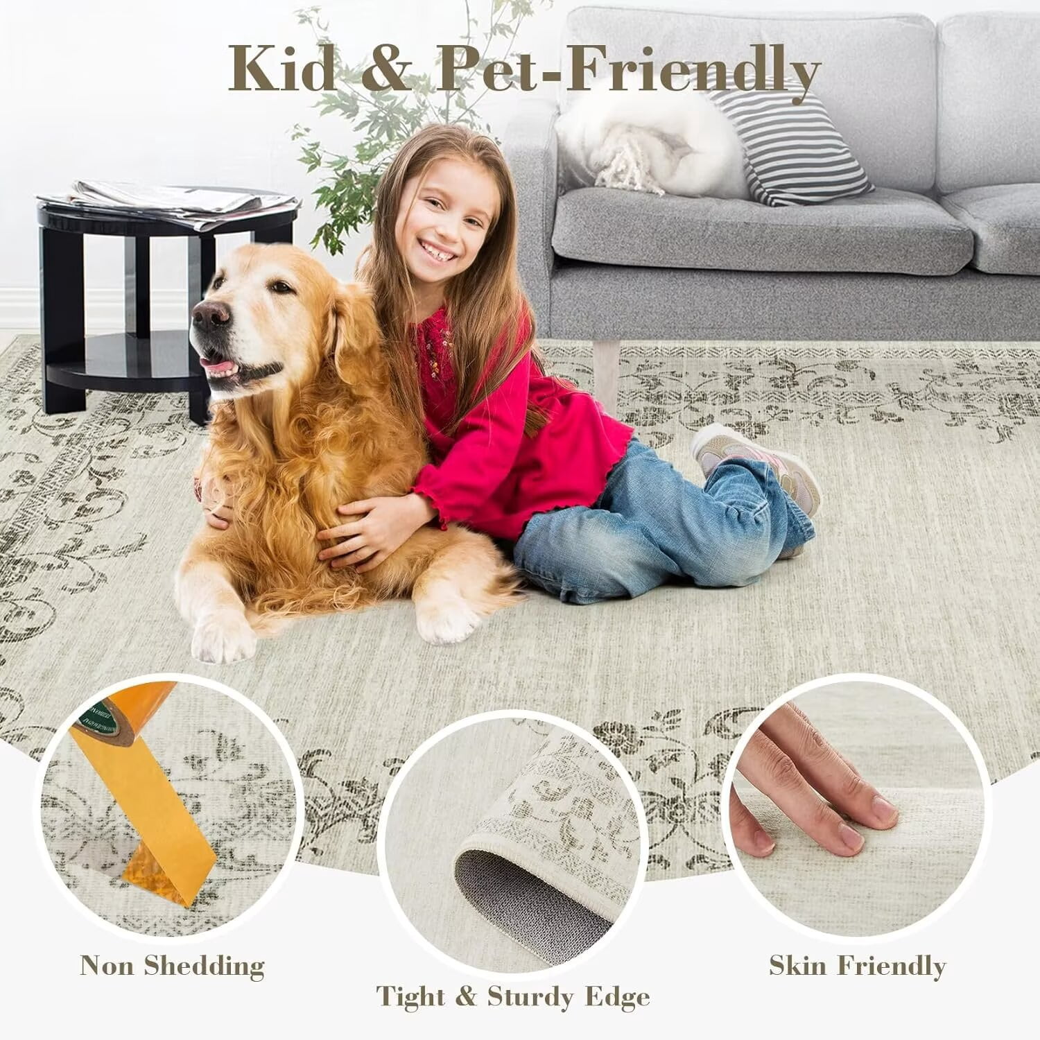 GlowSol 9'x12' Modern Floral Area Rug Border Rugs for Living Room Bedroom Farmhouse Non Slip Low Pile Area Rug for Dining Room Home Office, Beige