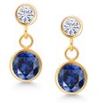 thumbnail image 2 of Gem Stone King 14k Yellow Gold Blue Created Sapphire and White Moissanite Two Stone Dangle Earrings for Women (2.20 Cttw, Gemstone September Birthstone, Round 6MM, Round 3MM), 2 of 4