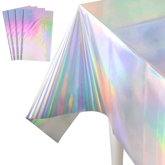 3-Pack Holographic Plastic Party Tablecloths, 54" x 108" Silver Shiny Rectangular Disposable Table Covers for Mermaid, Iridescent Birthday Party