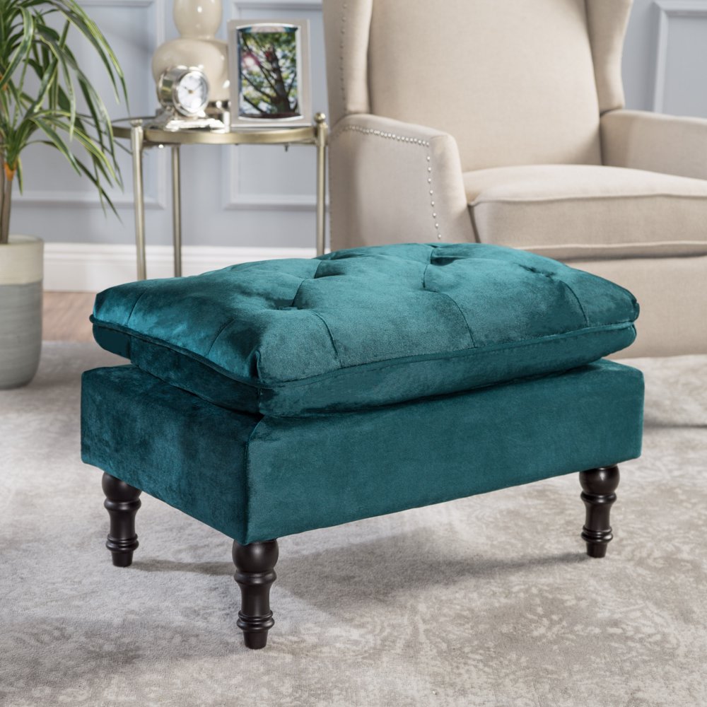 Noble House Potter Tufted Velvet Ottoman Footstool, Teal