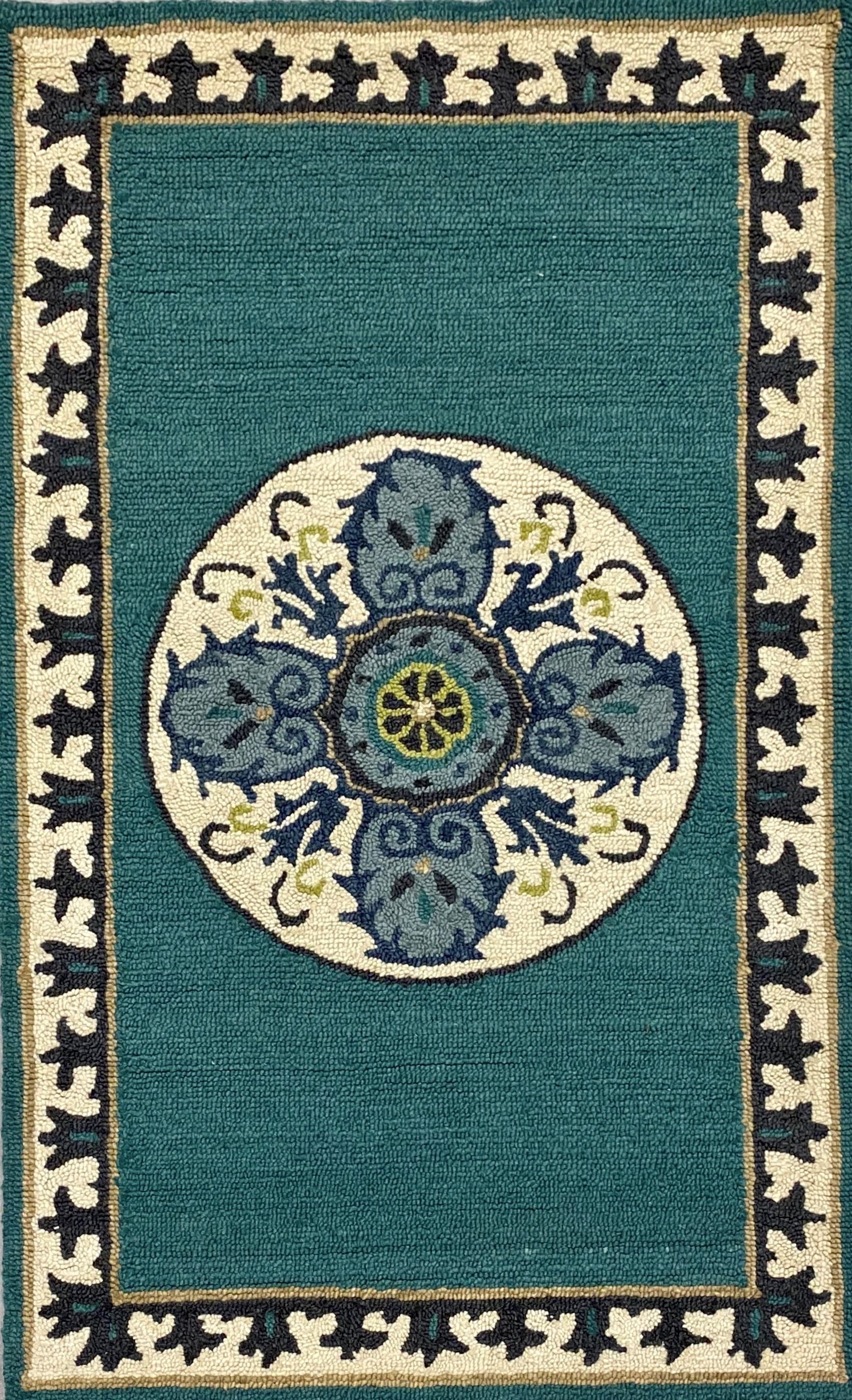LR Home Hand Hooked 3 ft. x 5 ft. Teal and Cream Floral Bordered Medallion Wool Area Rug