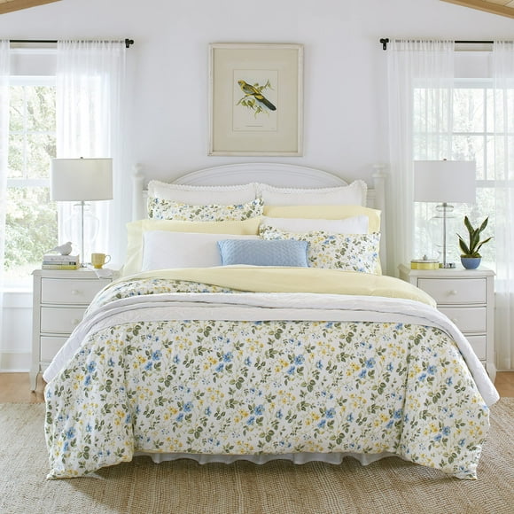 Laura Ashley Home - King Duvet Cover Set, Cotton Sateen Reversible Bedding with Matching Shams, All Season Home Decor (Meadow Floral Blue, King)