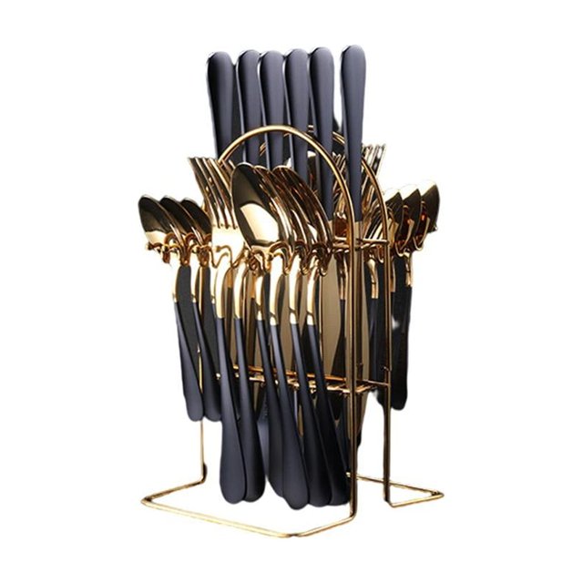 de vajilla de material acero inoxidable de 24 piezas, cuchillo, tenedor, , duradero con rejilla de almacenamiento, cubiertos reutilizables, Oro negro