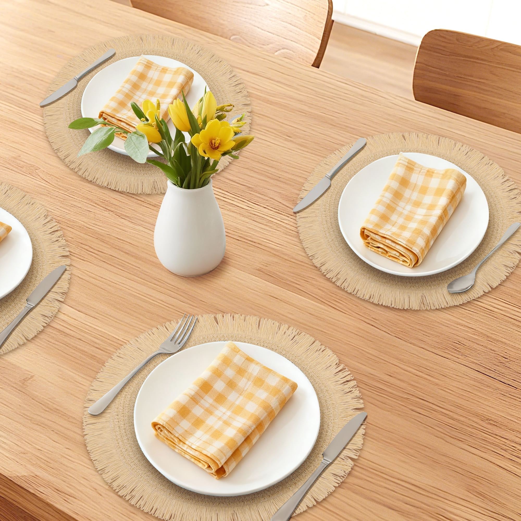 Unique Bargains Rustic Woven Round Placemats 6pcs Beige 15"x15"
