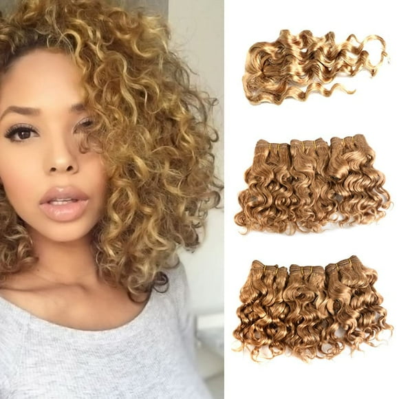 Natural Brazilian Dark Blonde Human Hair Extensions Short Curly Hair Bundles 27 Golden Virgin Human Hair Bundles Deep Curly Weave