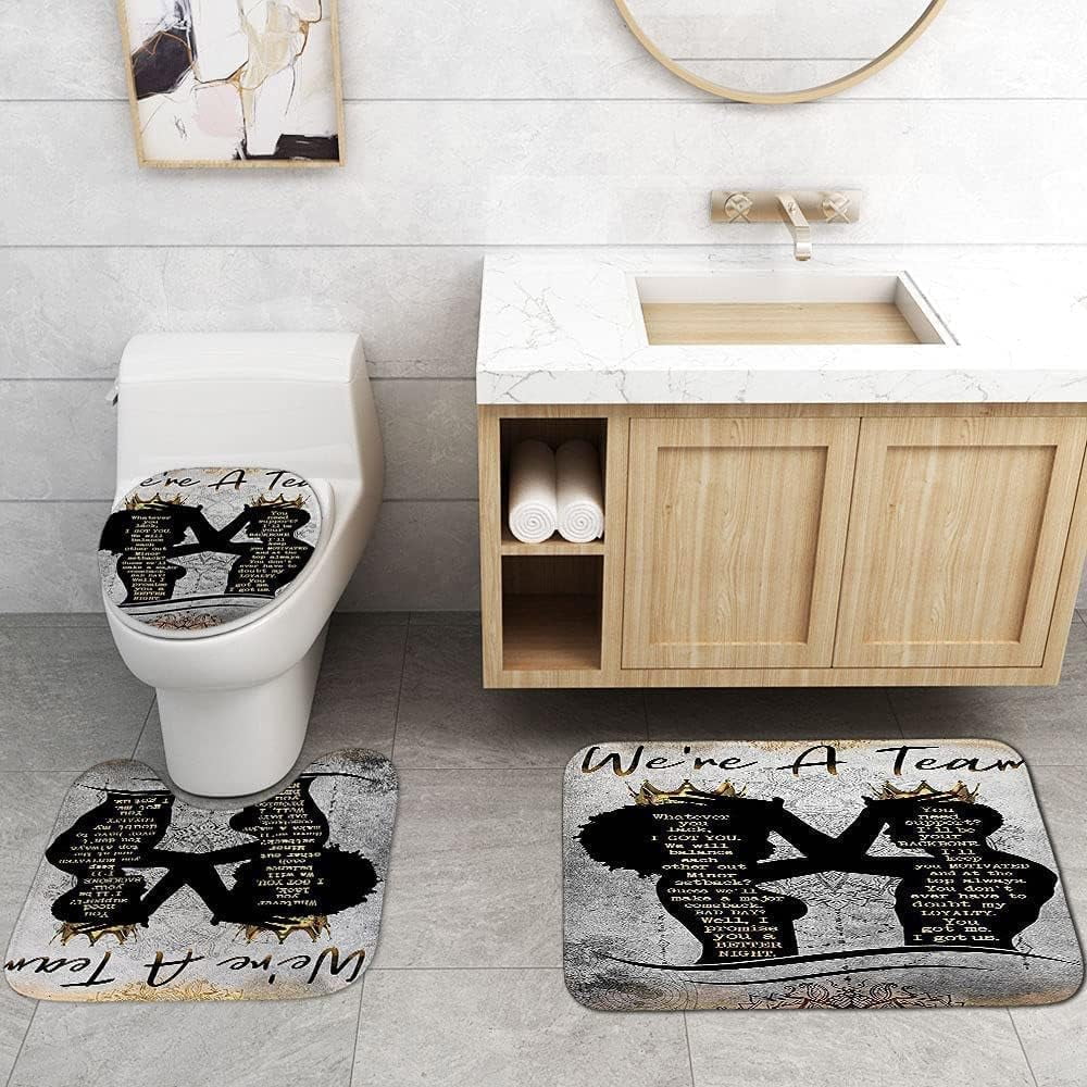 4PCS Black African King Queen Shower Curtain Sets with Rugs,Black Couple Bathroom Sets with Shower Curtain,Bath Mat and Toilet Lid Cover,We are a Team Shower Curtains for Bathroom Decor