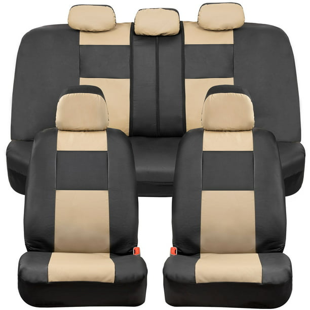 Bdk Classic Beige Faux Leather Car Seat Covers Full Set Front Rear Bench Cover For Cars Trucks Suv Com - Beige Faux Leather Car Seat Covers