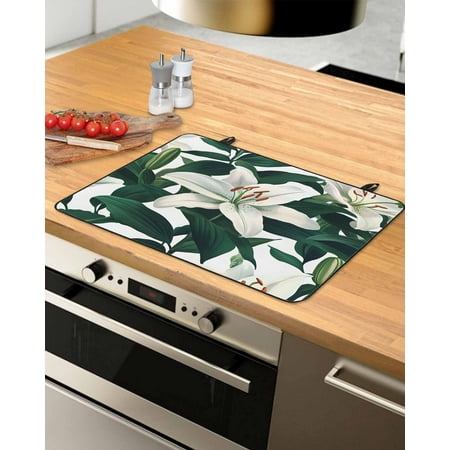 nqOlkjepod Large Induction Cooktop Protector Mat 36 x21 Lily Flower Stove Top Covers for Electric Stove White Floral Summer Plant Green Leaf Stove Burner Cover Mats Glass Top Stove Cover