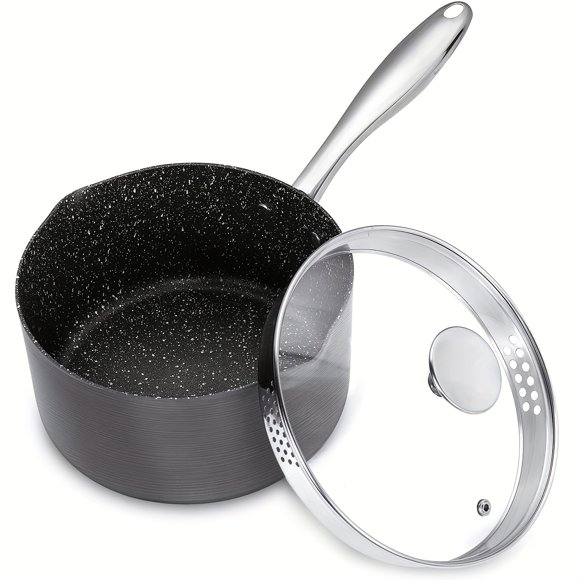 Bamboohart 3 Quart Saucepan with Lid Hard Anodized Nonstick Sauce Pan with Strainer Lid & Pour Spouts for Easy Pour Granite Derived Coating Sauce Pan for Cooking Small Sauce Pot - 3 Qt