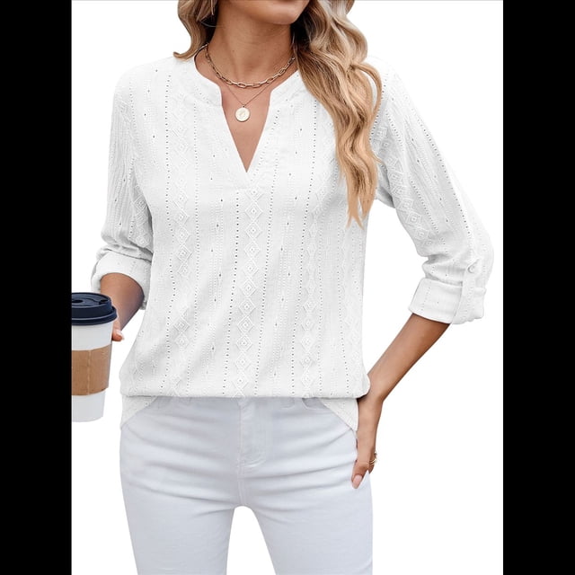 Blusa Informal con Cuello en V para Mujer, con Ojales, Bordada y Hueca, Ideal para Playa y Vestir. L