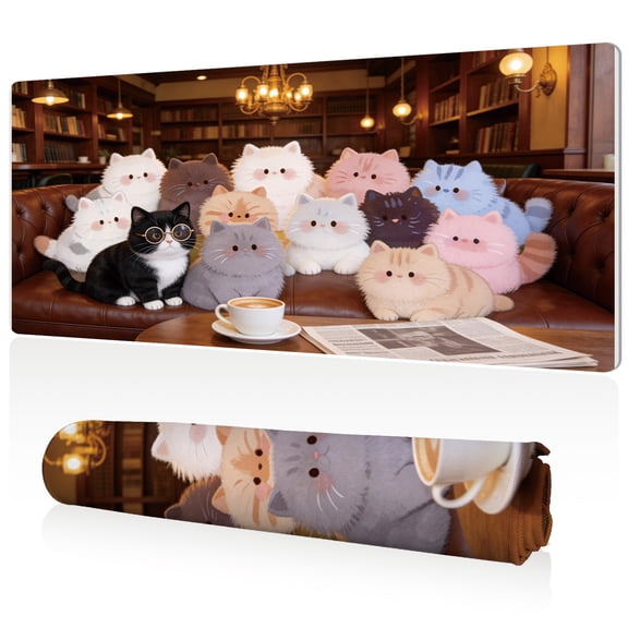 LIVEKEY Extra Large Mouse Pad 80x40x0.3cm Cute Cats on Leather Sofa Design Full Desk Coverage Non Slip Durable Easy Clean Stitched Edges for Gaming and Office