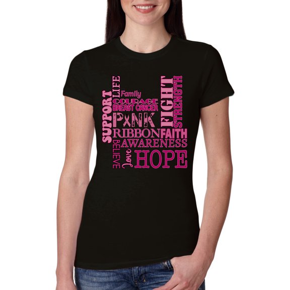 Wild Bobby Breast Cancer Awareness Words of Encouragement Distressed Breast Cancer Awareness Women Slim Fit Junior Tee, Black, Small