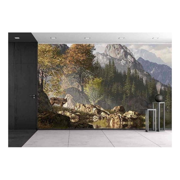 Wall26 Wolf Near A Lake In A Rocky Mountain Landscape Removable Wall Mural Self Adhesive Large Wallpaper 66x96 Inches Walmart Com Walmart Com