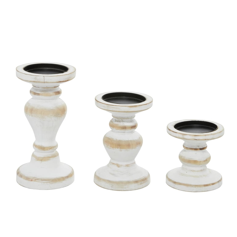 DecMode Farmhouse White Washed Wood Pillar Candle Holders Set of 3 photo 7