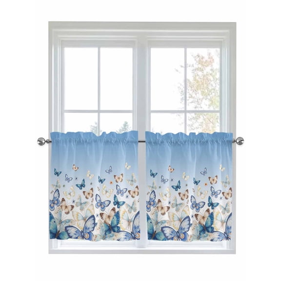 Half Window Curtains 24 Inches Long, Blue Ombre Butterfly Window Treatment Curtain Drapes, Pastoral Farmhouse Butterflies Short Curtains Tiers for Kitchen Over Sink, 27.5"x24", 2 Panels