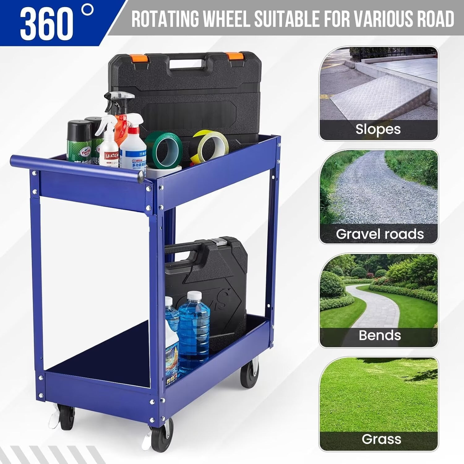 2-Tier Utility Cart, Heavy Duty Steel Rolling Cart, 300lb Multi-Purpose Tool Organizer, Metal Garage Organizer Tool Cart for Warehouse, Garage, Garden, Kitchen