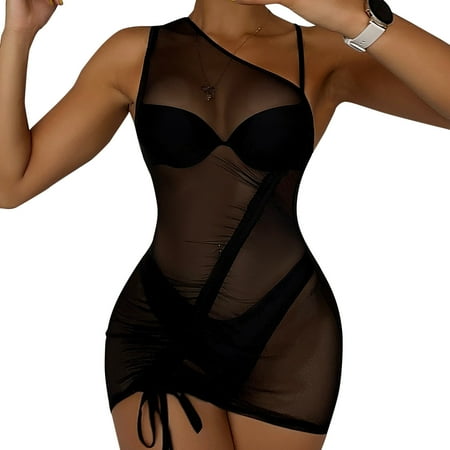Rovga Women S Swimwear Cover Ups Solid Color Sleeveless Ladies Ruffle Trim Sheer Beach Drawstring One Shoulder Cover Up Dress Cover Up Mini Dress Beach Wrap Bikini Shiny Wraps Cover Ups Dress M Black