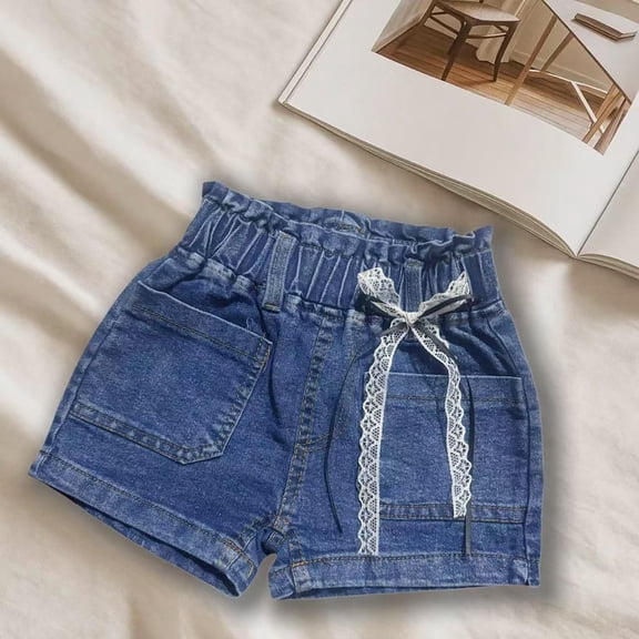DAETIROS Girls Blue High Waisted Denim Shorts with Lace Bow - Kids Summer 100% Cotton Shorts - Elastic Waist Pockets Sizes 2T-8,Size 7-8T