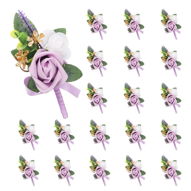 20 piezas de boutonnieres púrpura claro para hombres, corsage de flores artificiales para fiesta de bodas
