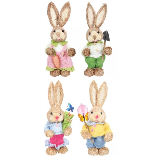 4 Estatuas de de Decoración de Conejo de Pascua de Paja con Adorno de Arte Animal de Ropa Macarena Conejo de Pascua de paja