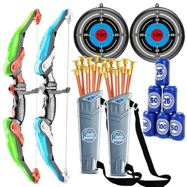 OneAndes 2 Pack Set Kids Archery Bow Arrow Toy Set Outdoor Hunting Play with 2 Bow 20 Suction Cup Arrows 2 Target & 2 Quiver, 6 Target Cans LED Light Up Function Toy, Outdoor Toys for Boys & Girls