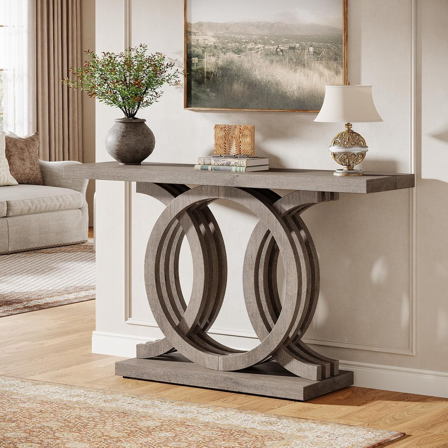 Finmind 55" Console Table with Geometric Wood Base, Modern Entryway Table, Brown