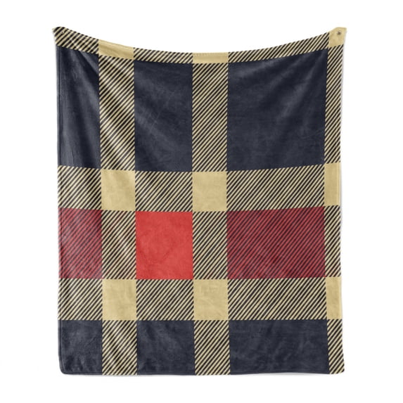 Checkered Soft Flannel Fleece Blanket, Vintage Plaid Scottish Tartan Pattern with Retro Display Checks Lines, Cozy Plush for Indoor and Outdoor Use, 60" x 80", Dark Blue Coral Cream, by Ambesonne