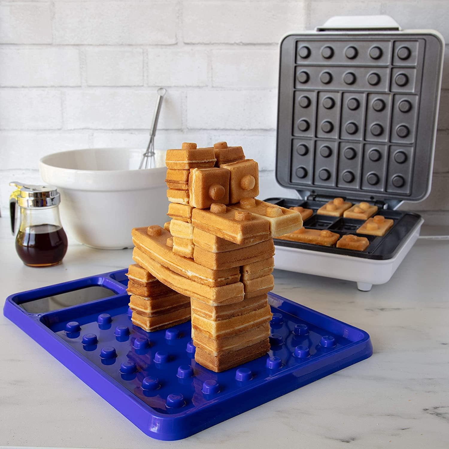 Building Brick Electric Waffle Maker with 2 Construction Eating Plates Cook Fun Buildable Waffles in Minutes Revolutionize Breakfast as seen on