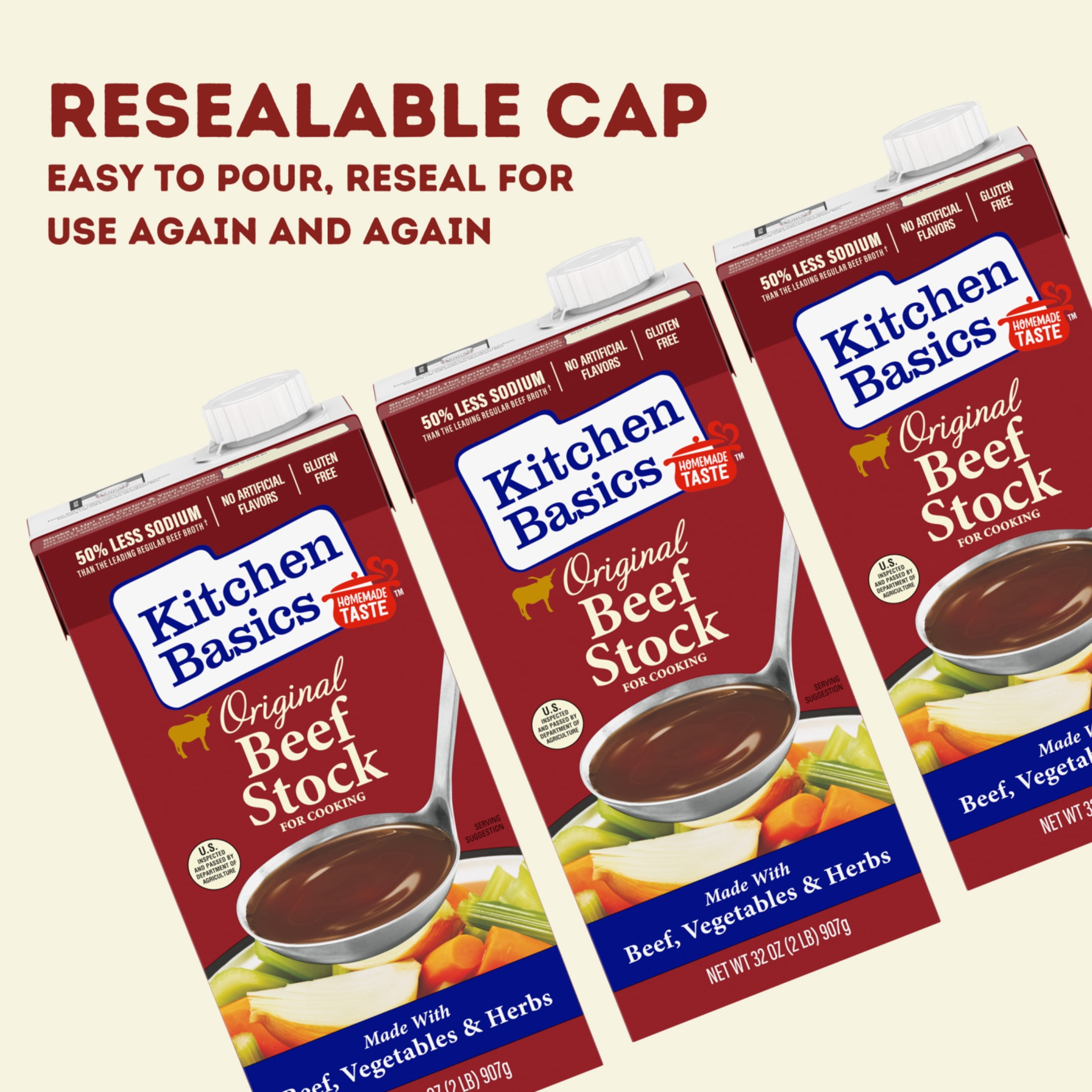(4 pack) Kitchen Basics Original Beef Stock, 32 oz Carton