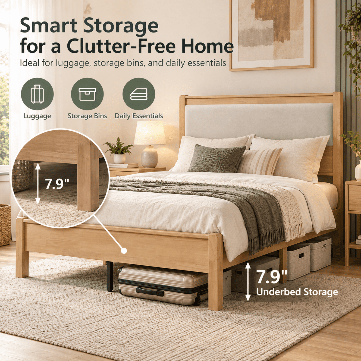 Miniyam Full Rubberwood Platform Bed Frame with Padded Upholstered Headboard, Natural