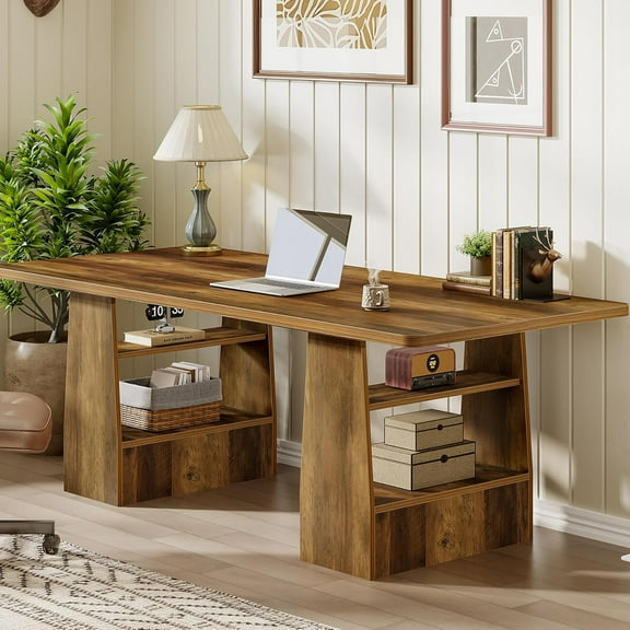 Tribesigns 63 Inch Executive Desk with 5-Tier Shelf, Office Desk with Faux Natural Textured, Large Wooden Computer Writing Table Business Furniture for Home Office