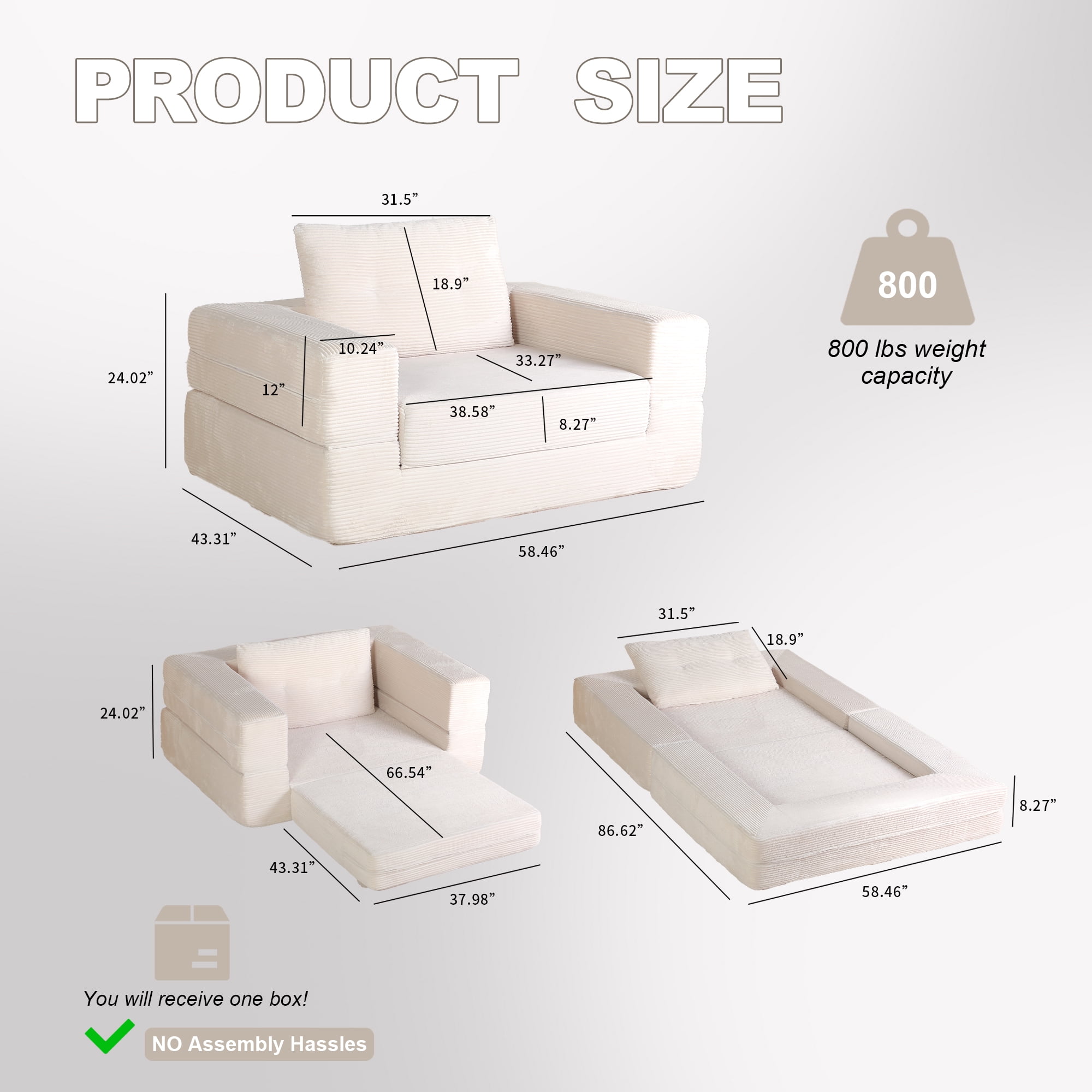 Sofa Bed, Dog Bed, Floor Couch&nbsp;3-in-1 Folding Human Pet Bed with Pillow, Beige Corduroy Convertible Lounger, High-Resilience Memory Foam for Living Room, Bedroom, Pets