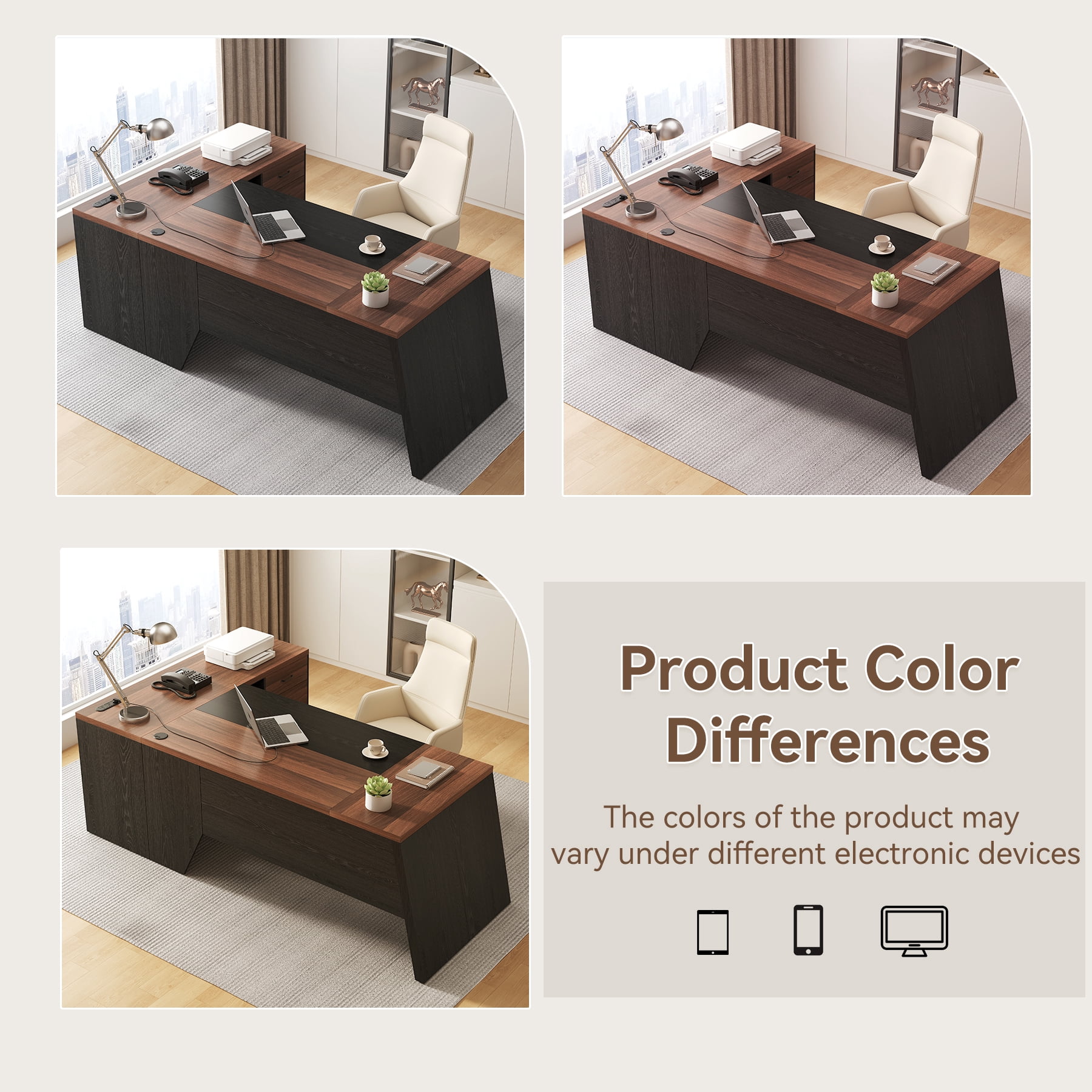 L-Shaped Executive Desk with Power Outlet, 78-Inch Large Office Desk with Storage Drawer and Lateral File Cabinet, Modern Computer Table with Open Shelf and PC Stand for Study, Brown Black