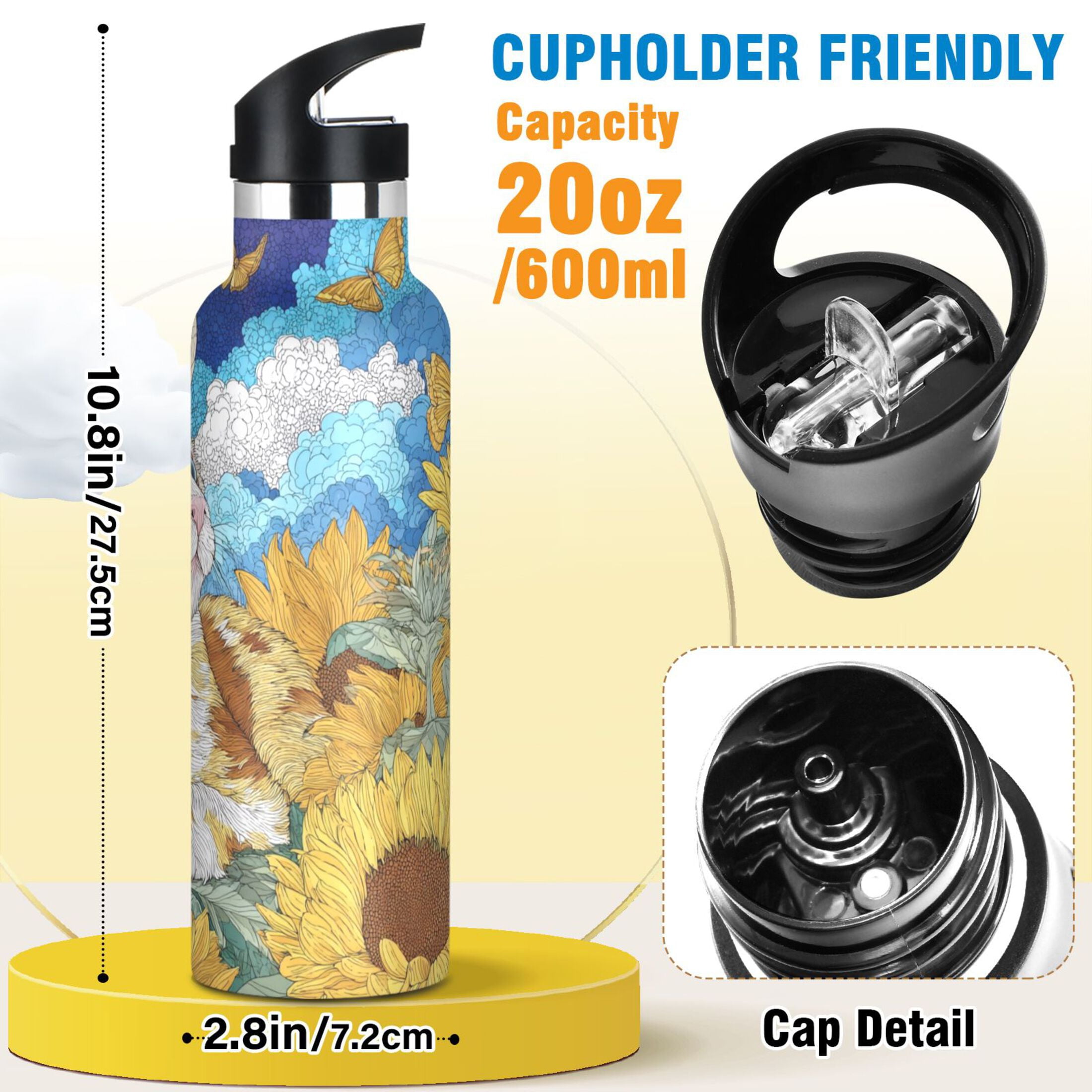 Kids Insulated Stainless Steel Sports Water Bottle 600ml (20oz) Cat Lies in The Sunflowers