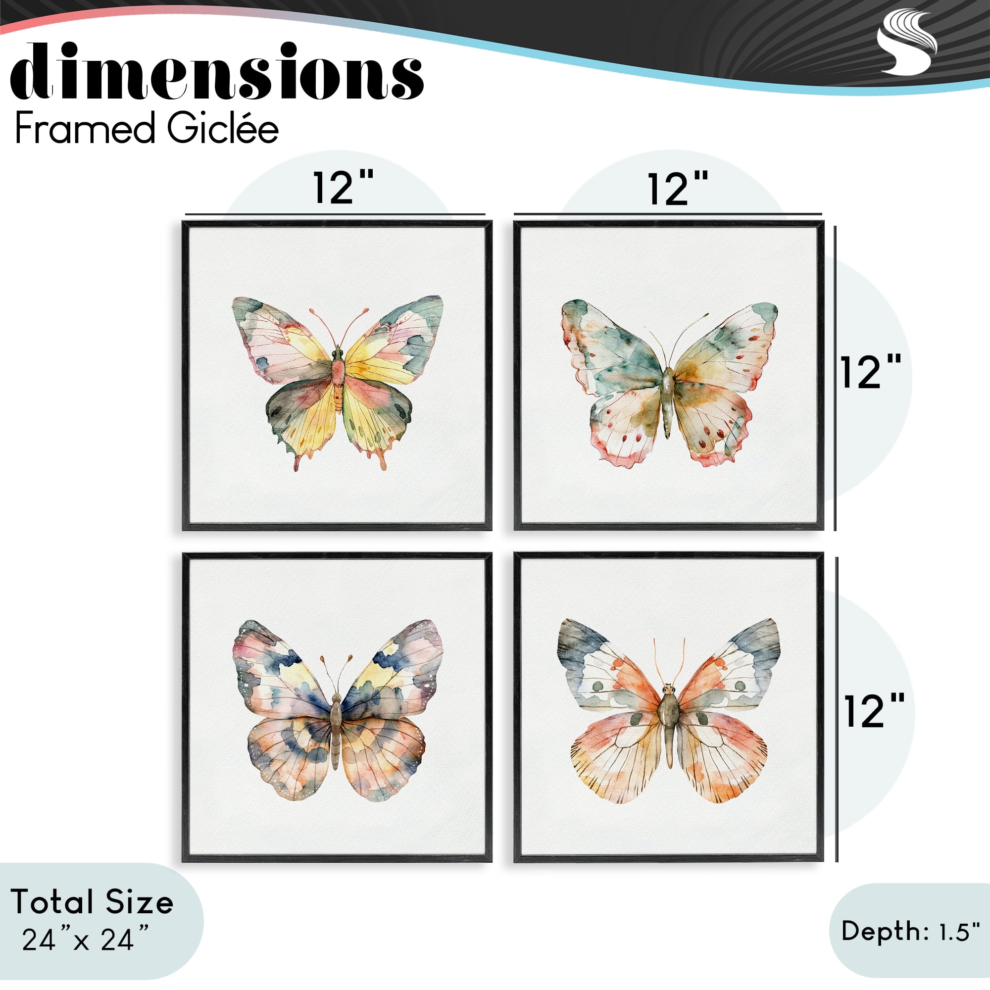 Stupell Industries Watercolor Butterfly Forms 4 Piece Black Framed Giclee Art Set, design by Kim Allen