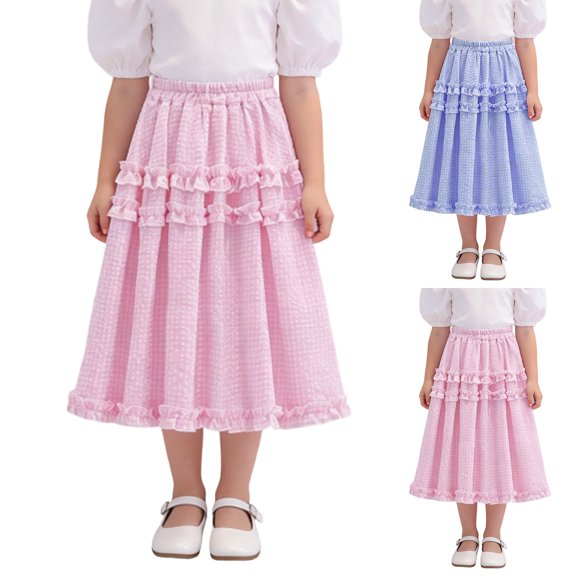 Fozruso Girls Ruffle Midi A-Line Skirts, Casual Floral Lace Tiered Skirt For Toddlers and Kids School Casual Wear(Blue)