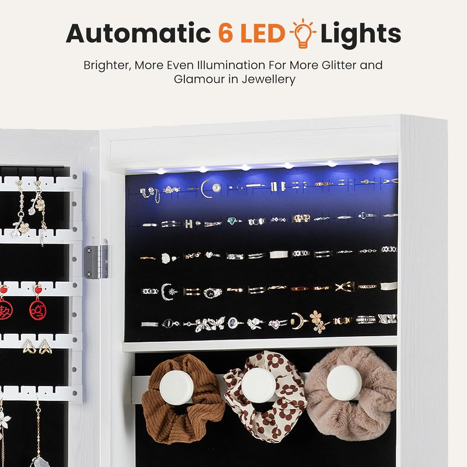 6 LEDs Full Length Mirror with Storage, 47.2'' Jewelry Armoire with Mirror, Lockable Jewelry Storage for Wall or Door Mounted