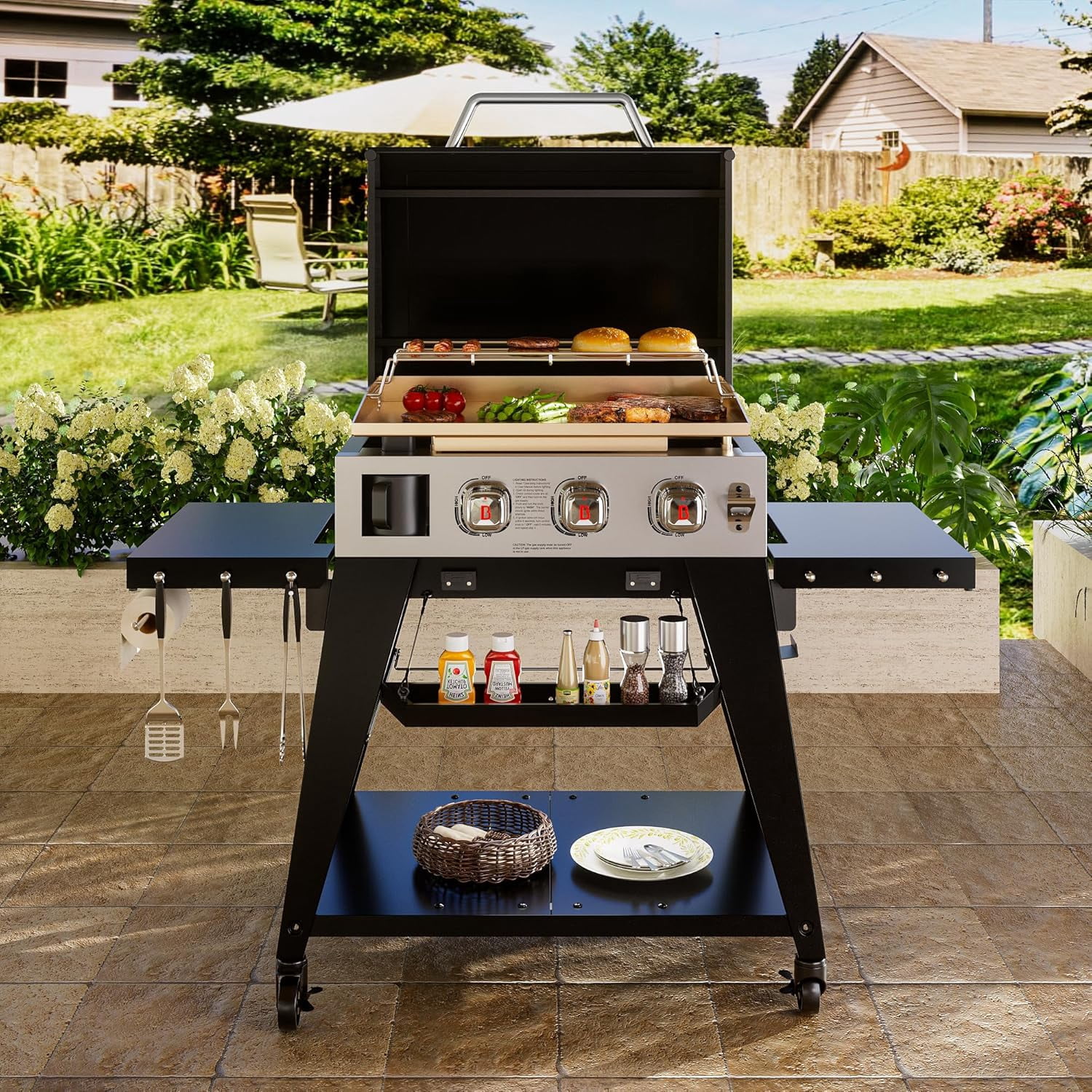 Brand Man 3-Burner Propane Gas Griddle Grill with High Lid, 504 Sq.In Flat Top Grill with Rolling Cart for Outdoor BBQ