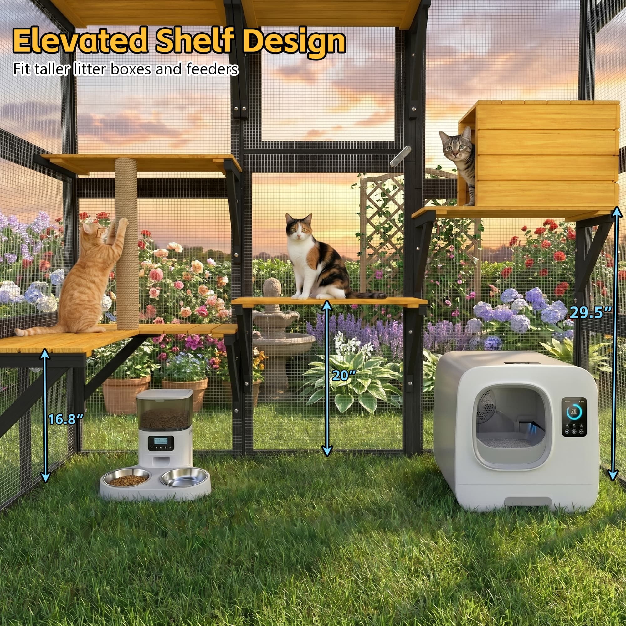 GYSIBAPO Large Wooden Catio Outdoor Cat Enclosure, Walk-in Cat House with 2 Condos, 5 Platforms, 4 Doors & Weatherproof Roof