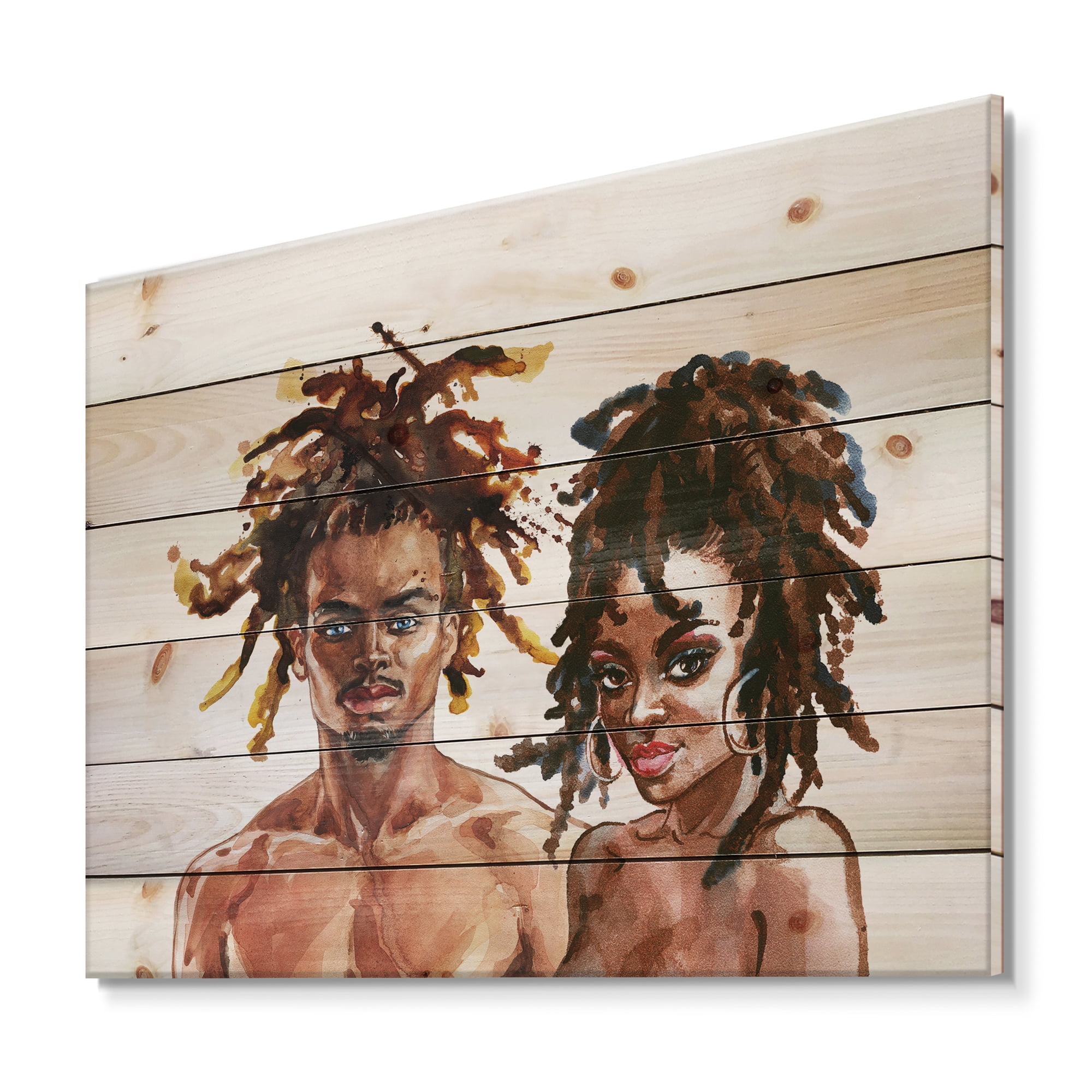 Designart 'Portrait of African American Couple' Modern Print on Natural Pine Wood