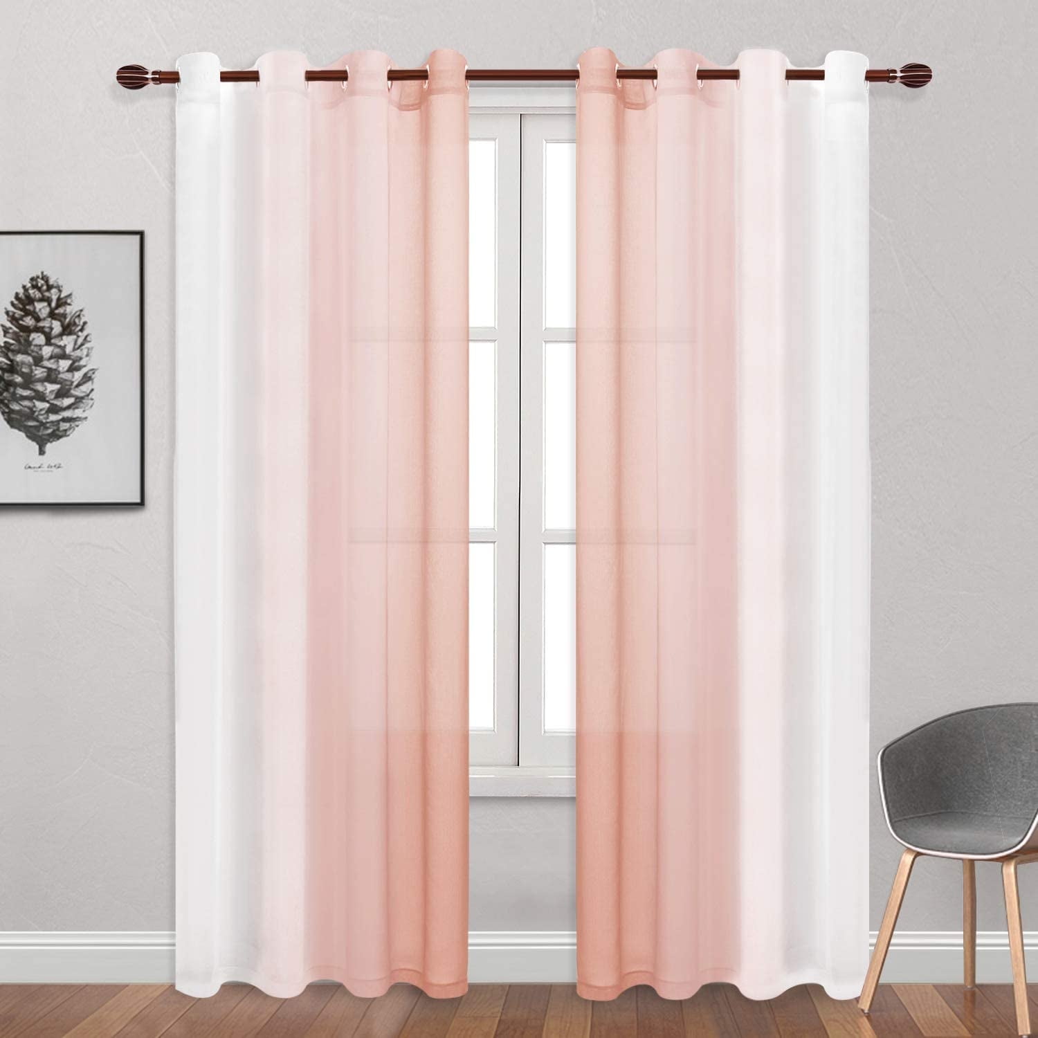 XWZO Pink Sheer Curtains 2 Panels for Girls Room, Faux Linen Semi Voile Gradient Grommet Curtains for Bedroom, Modern Living Room Window Curtain Panels, 52 x 84 Inch, Blush