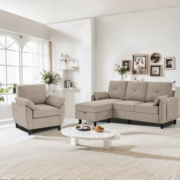 Pingliang Home Living Room Furniture Set, Sectional Sofa Couch with Storage Ottoman and Accent Chair, Modern 3 Seater L Shaped Couch Sofa and Single Armchair,for Living Room,Apartment,Studio,Office